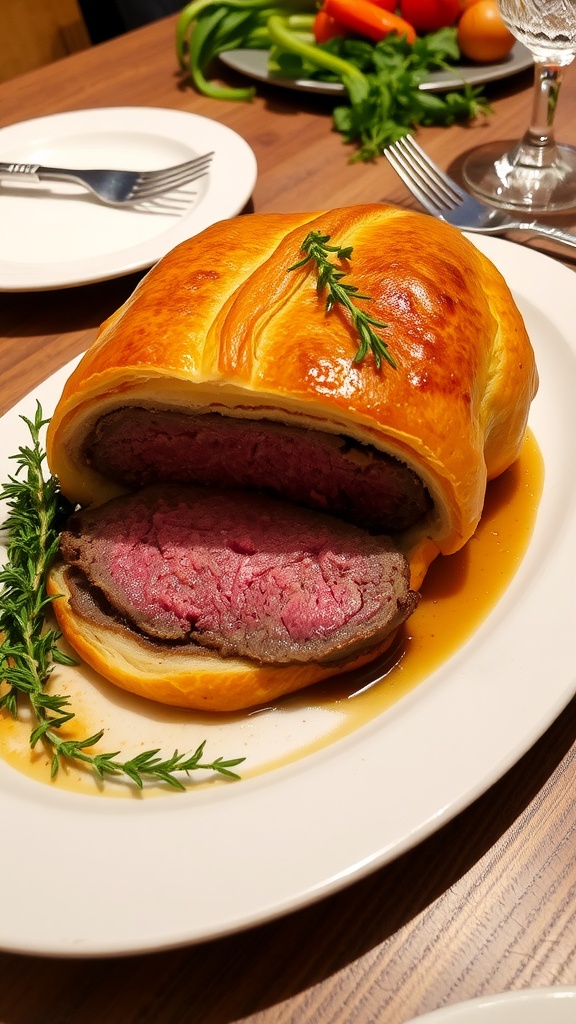 Savory Beef Wellington with Mushroom Duxelles A sliced Beef Wellington revealing tender beef and mushroom filling, garnished with thyme, on a rustic table.
